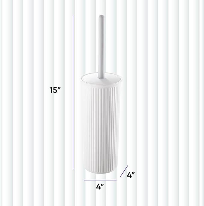 Superio Ribbed Collection - Decorative Plastic Toilet Bowl Brush and Holder Set, White (1 Pack) Cleaner Scrubber for Bathroom