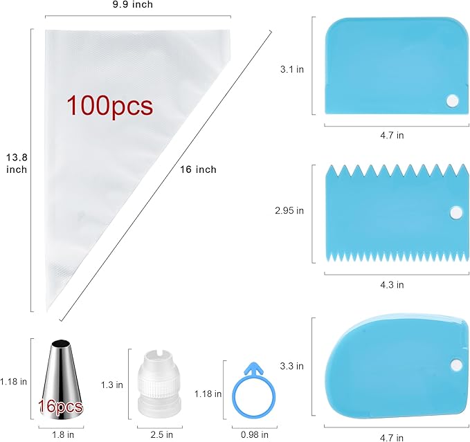 Piping Bags and Tips Set, Cakes Decorating Supplies Kit with 100pcs 16 Inch Pastry Bags, 16 Piping Tips, 3 Cake Scraper, 2 Couplers, 2 Bag Ties, Simple and Convenient Baking Supplies Set