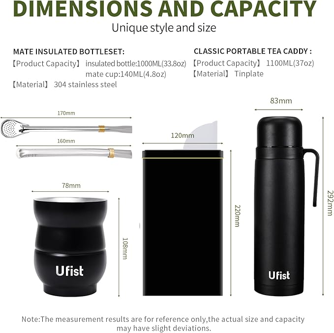 Yerba Mate Set with 34 oz Insulated Bottle, 4.8oz Gourd Cup, Bombilla Straws, Tea Container(500g), Stainless Steel (Uruguay)