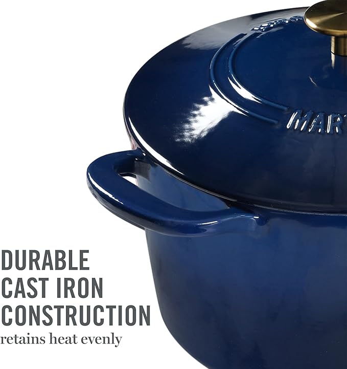 MARTHA STEWART Gatwick 7-Quart Enamel Cast Iron Dutch Oven Pot with Lid – Navy Blue with Gold Knob – Durable Heavy-Duty Dutch Oven for Slow Cooking & Braising