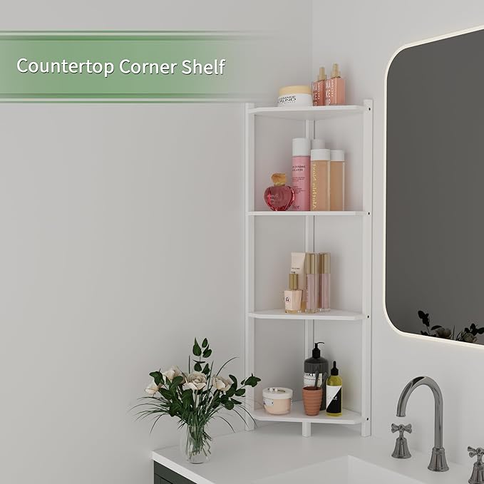 Wisuce Corner Shelf, 100% Real Bamboo Shower Corner Shelves Free Standing Shelf Storage Organizer for Bathroom Living Room Kitchen (White, 4 Tier)