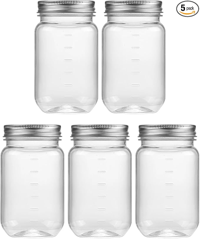 novelinks 16 oz Clear Plastic Jars with Lids, Refillable 16oz Mason Jars with Lids & Storage Containers for Kitchen & Household Use (5 Pack,Silver)