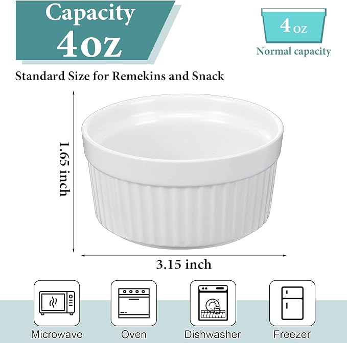 Xinnun 24 Pcs 4 oz Ramekins Creme Brulee Dishes Oven Safe Classic Porcelain Ramekins Set for Baking, Creme Brulee, Souffle, Appetizer, Custard, Pudding, Dipping Bowl, White
