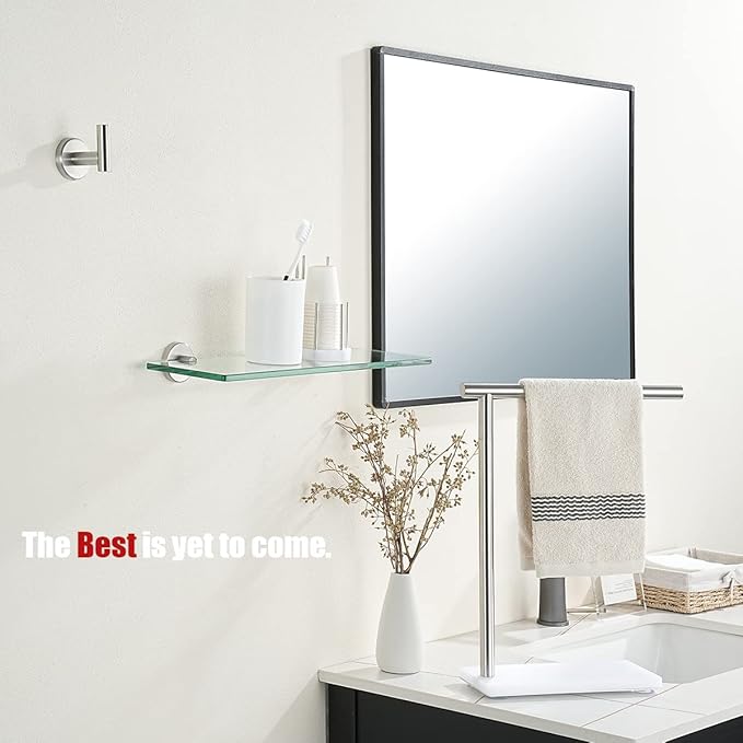 JQK Bathroom Glass Shelf, Tempered Glass Shower Storage 14 by 5 inches, 304 Stainless Steel Brushed Finish Wall Mount, TGS101L14-BN
