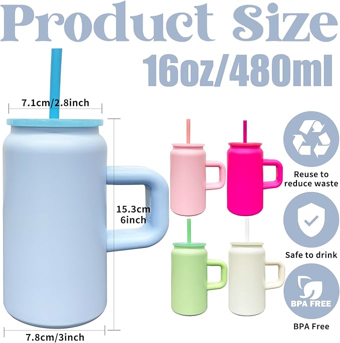 4 Pack 16 oz Sublimation Tumblers with Handle and Straw for Kids, Stainless Steel Sublimation Tumblers Bulk with Lids, Vacuum Insulated Iced Coffee Cups for DIY Craft Heat Press Print (Blue,4 pack)