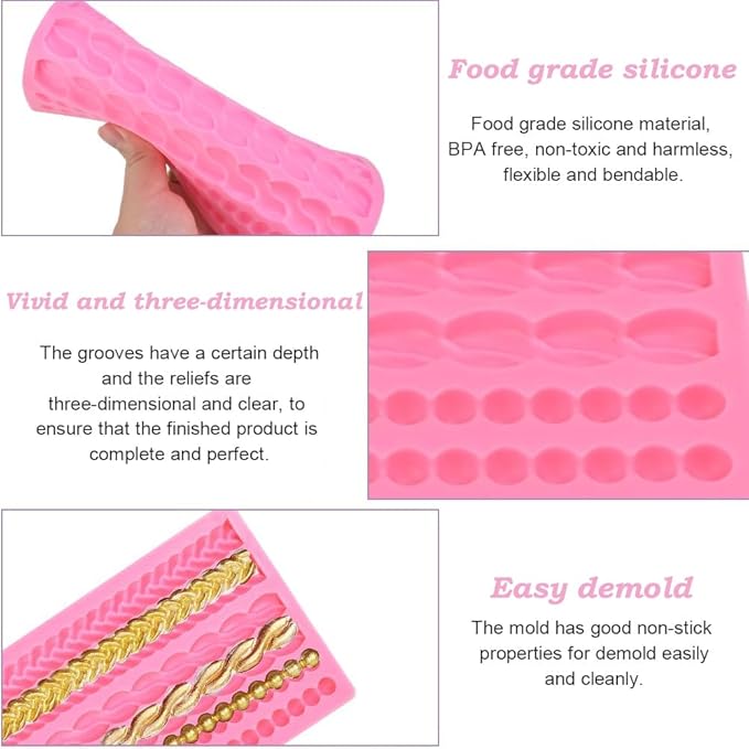 Silicone Pie Crust Mold Hemp Rope Mold Scroll Lace Fondant Molds Border Decoration Sugarcraft Lace Rope Mould for Cookie Mousse Cupcake Desserts Cake Decorating Topper Candy Chocolate Resin