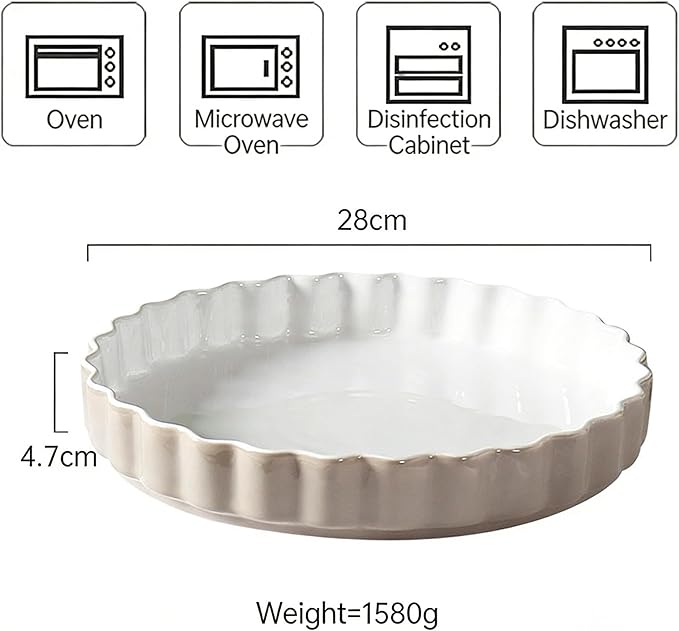 Quiche Baking Dish,Ceramic Pie Pan 11 Inch Reusable,Pizza Pan，Non-Stick Round Tart Pan with Ruffled Edge Microwave Dishwasher and Oven Safe (GREY)