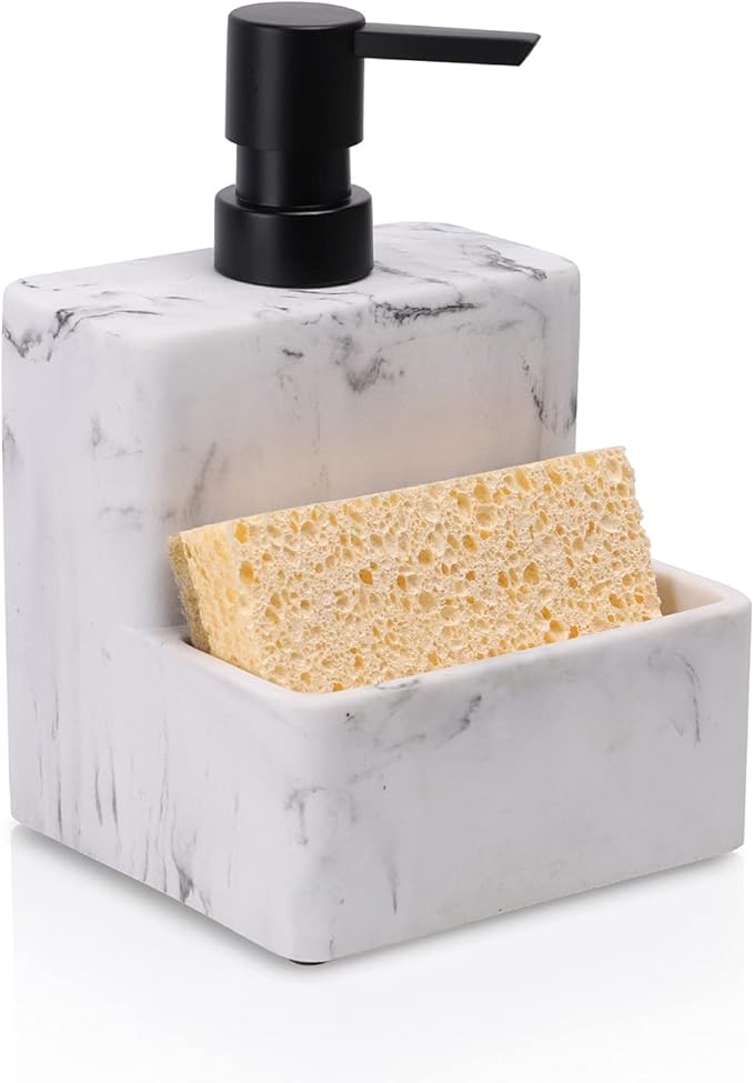 zccz Soap Dispenser with Sponge Holder, Marble Look Liquid Hand and Dish Soap Dispenser Pump Bottle and Sponge Holder 2 in 1 for Kitchen Sink Bathroom Counter Storage and Organization