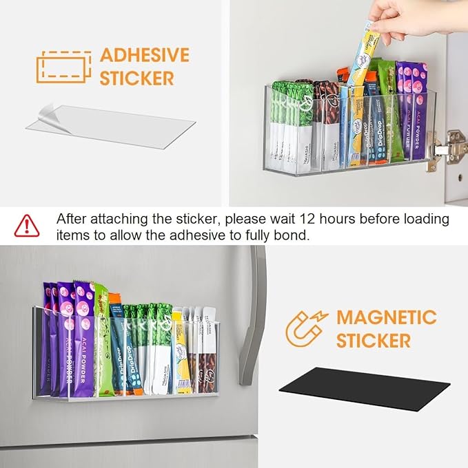AIEVE Drink Packet Organizer, Mountable Water Packet Organization Holder with Adhesive & Magnetic Sticker, Pantry Organizers Kitchen Storage for Countertop Table Fridge Cabinet
