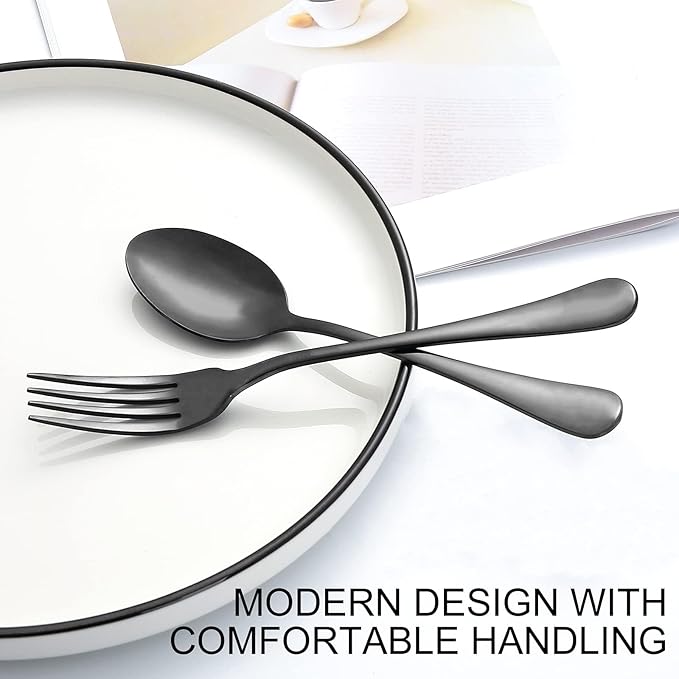 24 Piece Black Forks and Spoons Silverware Set for 12, Stainless Steel Dinner Forks(8 Inch) and Spoons(6.7 Inch) Black Silverware Set, Heavy-Duty Cutlery Set, Dishwasher Safe