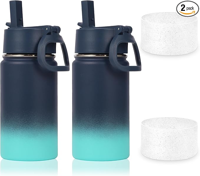 Volhoply 14oz KIds Water Bottle with Straw Lid and Silicone Boot Bulk 2 Pack,Stainless Steel Insulated Cups for Boys & Girls Multipack,Double Wall Vacuum Leakproof Bottles(Blue Green,2)