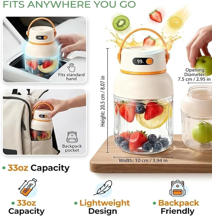 Portable Electric Juicer Cup with Zero Cord Hassle, Fresh Juicer Portable Blender with Digital Display, Leakproof USB-C Rechargeable Personal Blender for Home, Travel, Easy Clean (2a,1000ml)