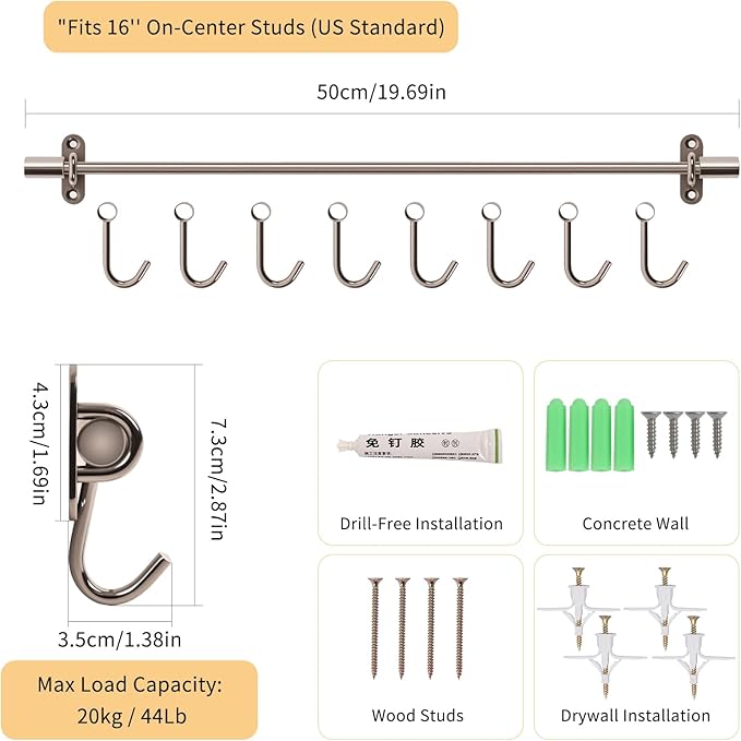 20" Kitchen Utensil Rack with Adjustable Holes - 8 Sliding Hooks 304 Stainless Steel, Pots and Pans Hanging Rack Wall Mounted 2 Packs