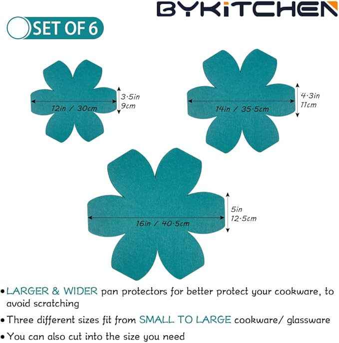 BYKITCHEN Pot Pan Protectors, Larger & Thicker Felt Pan Separators Pads, Set of 6 and 3 Different Sizes, Pot Protectors for Stacking and Protecting Your Cookware
