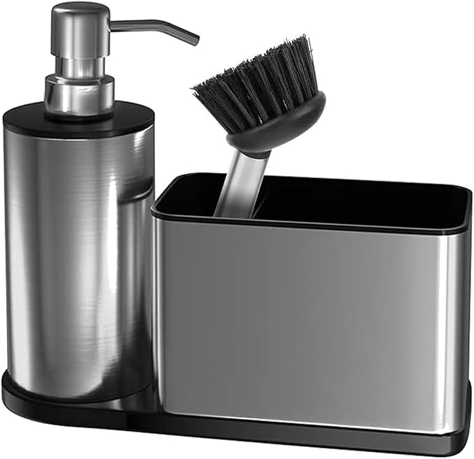 Kitchen Dish Soap Dispensers, Bathroom Soap Dispensers with Storage and Brush, Stainless Steel Sink Organizer with Caddy, Sponge Holder for Countertop Kitchen Bathroom