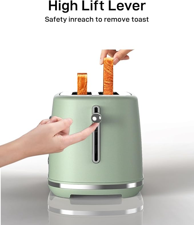 LONGDEEM Toaster 2 Slice with Extra Wide Slots & Removable Crumb Tray 6 Browning Options, Auto Shut Off & Frozen Function, Toast Fruit Bread, Bagel & Waffle, Green