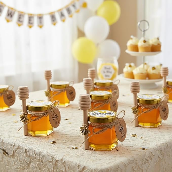 Adabocute Mini Honey Jars - Hexagon Little Glass Honey Jar with Gold Lids, Wooden Dippers, Bee Charms and Jutes - Small Honey Jars for Baby Showers, 20Pack