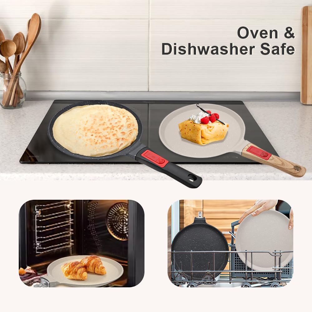 Non Stick Crepe Pan with Detachable Handle, 10 Inch Cast Aluminium Dosa Tawa Tortilla Pan, Pancake Pan Induction Compatible - White