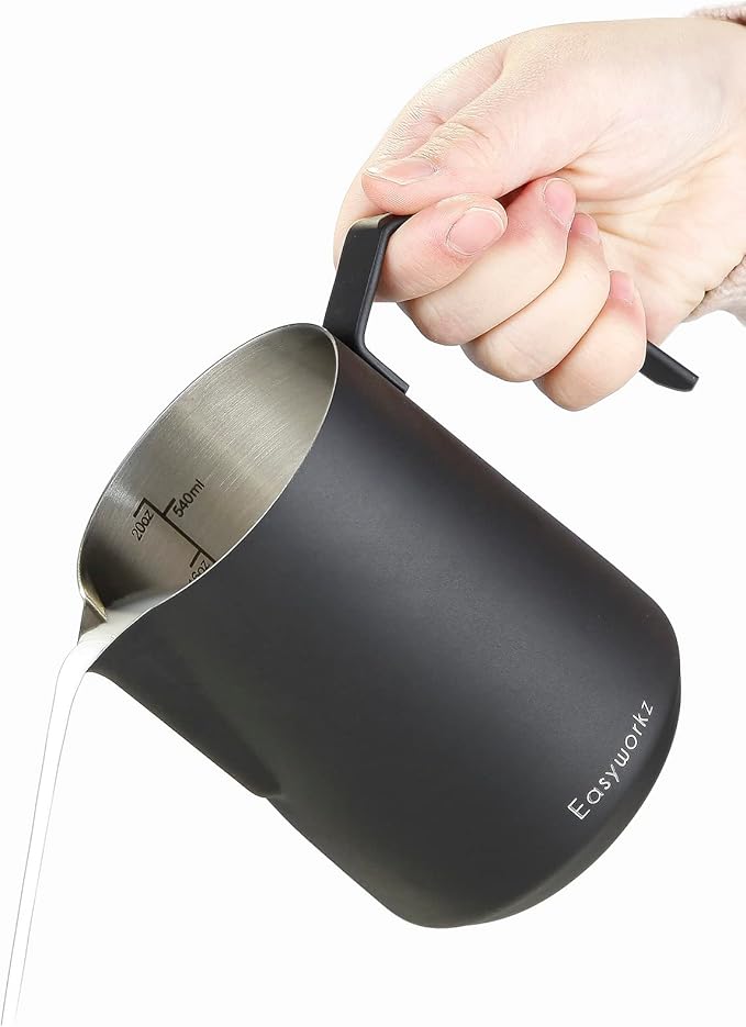 Easyworkz Espresso Steaming Pitcher Stainless Steel 12 oz Latte Art Cup (Sliver), Bundled with Easyworkz Espresso Steaming Pitcher Stainless Steel 20 oz (Black)