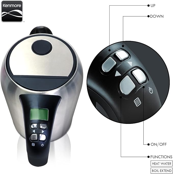 Kenmore Digital Cordless Kettle, 1.7 L / 1.8 Quarts Capacity, Stainless Steel Electric Kettle with Digital Temperature Control, Concealed Heating Element, and Keep Warm Mode