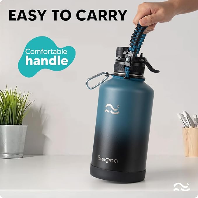 Swigina [2-IN-1 LID] 64 oz Insulated Water Bottle with Silicone Boot (48hrs Cold/24hrs Hot) - DIY Stickers, Leakproof, BPA Free, Half Gallon