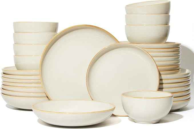 32 Piece Double Bowl Dinnerware Sets with Pasta Bowls, Highly Chip and Crack Resistant Plates and Bowls Sets, Natural Earthyware Ceramic Dishware Sets, Service for 8 Yellow White