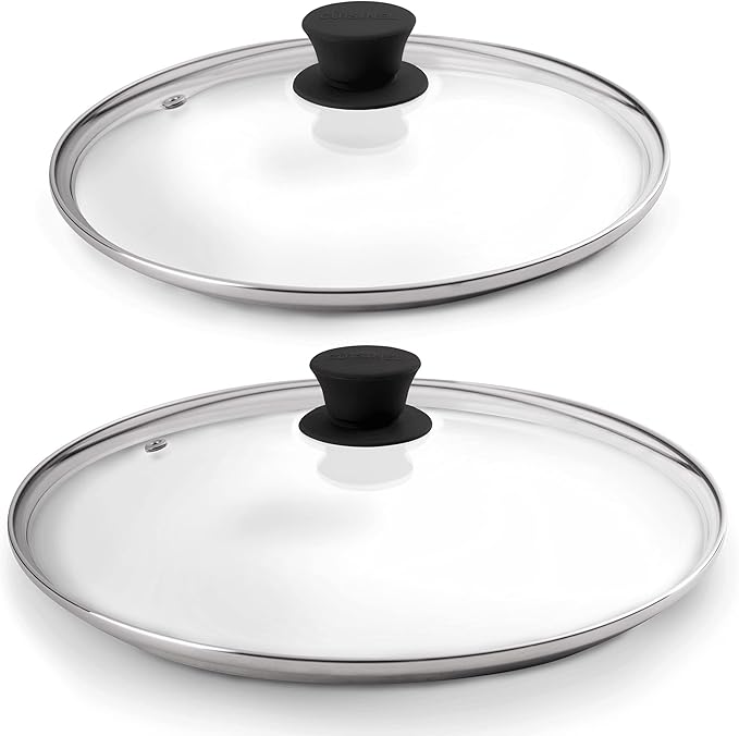 Glass Lids Set with Steam Vent Hole - 10"+12-Inch/25.4cm+30.48cm - Compatible with Lodge Cast Iron Skillet Pans - Oven Safe Fully Assembled Tempered Universal Replacement Cover - Reinforced Steel Rim