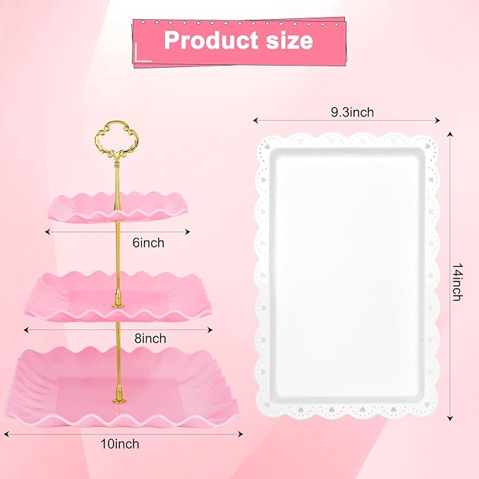 5 Pcs Dessert Display Stands, 2pcs Dessert Stands 3 Pcs Tray, Pink Dessert Display Stands, Treat Table Displays Set for Wedding Baby Shower Tea Party, Ease of Cleaning and Assembly
