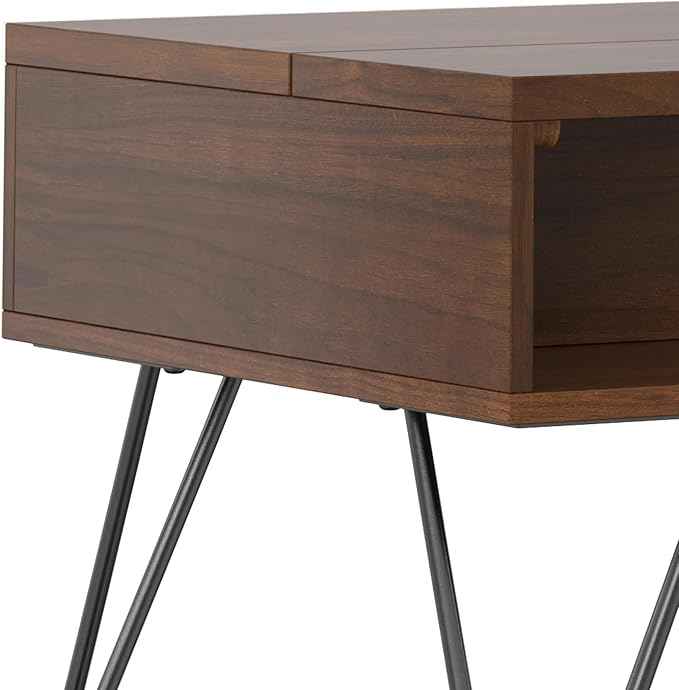 SIMPLIHOME Hunter Lift Top Coffee Table - 48 inch Wide Walnut Veneer and Metal Industrial Cocktail Table, Functional Living Room Table with 2 Storage Cubbies and Hairpin Legs