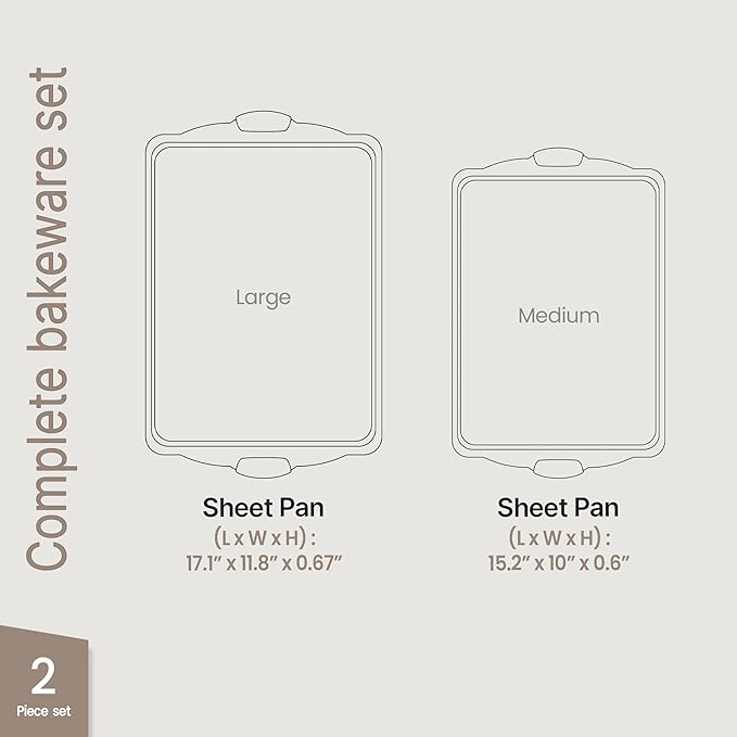 BAKKEN Kitchen Baking Pans - Medium (15.15 × 10.03") and Large (17.1 x 11.8") Nonstick Sheets, Carbon Steel Cookie Sheets with White Silicone Handle, PFOA, PFOS, PTFE Free, Oven Safe (450°F), Set of 2