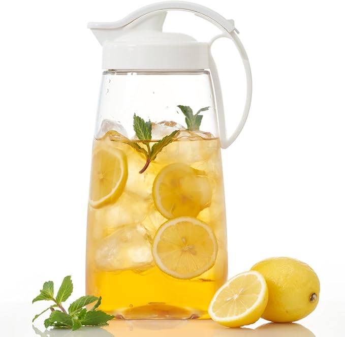 Water Pitcher with Lid for Fridge, Slim 74 oz (2.3 qt) Beverage Airtight Pitcher for Drinks, Tea Jug with Easy Pour Spout, Space Saving Refrigerator Container, BPA-Free SAN Plastic, Made in Japan