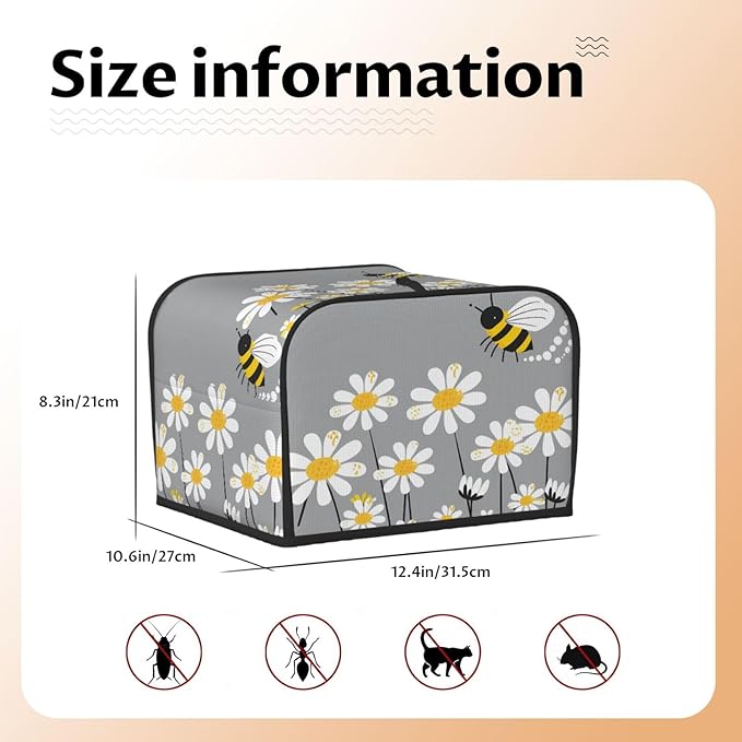 Toaster Cover 4 Slice Cute Bee Daisy Floral Waterproof Appliance Cover with Hang Loop Bread Baker Toaster Cover for Kitchen