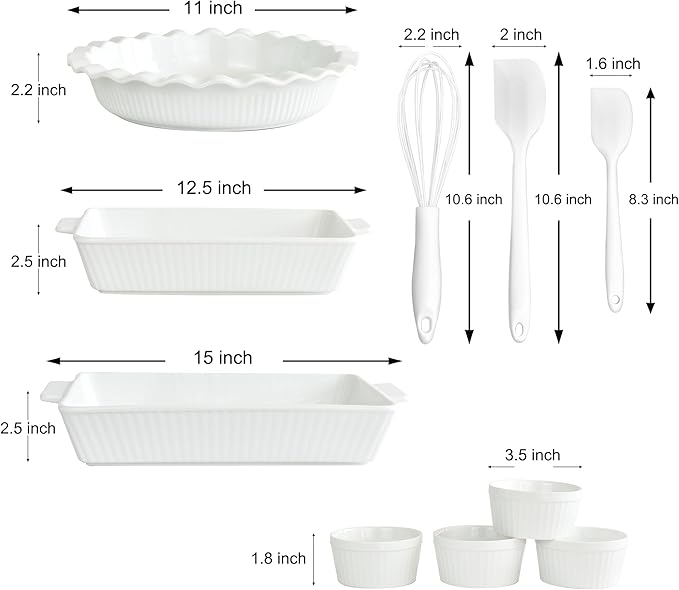 GOURMETEDGE 10-Piece Stackable Ceramic Bakeware Set - Ideal Mother's Day Gift, Non-Toxic Non-Stick Oven Safe, PFOA & PFOS Free, Includes Baking Dishes, Pie Plate, Ramekins & Silicone Tools (White)