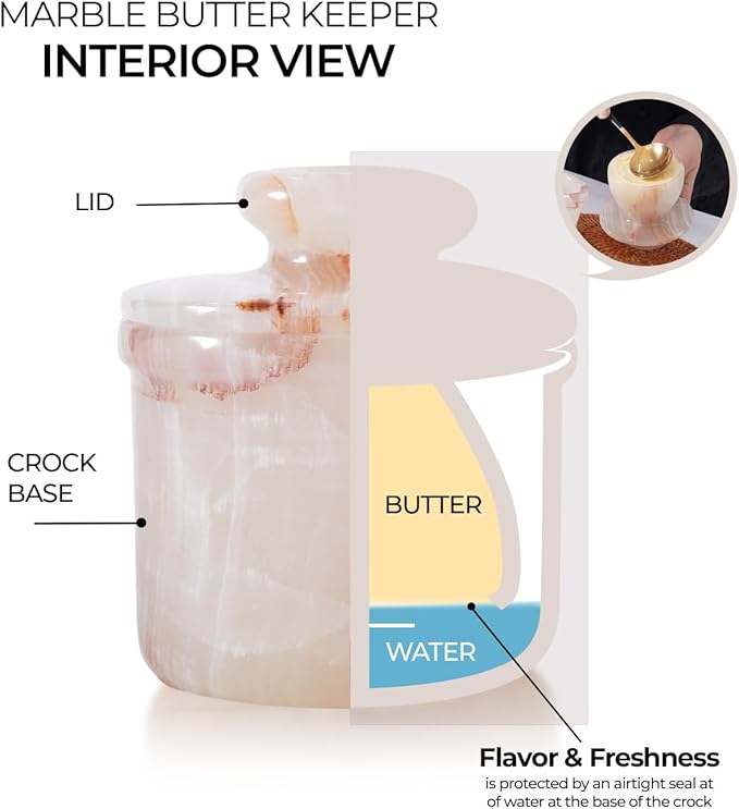 White Onyx Marble Butter Crock 4.25 Inches Handmade Butter Dish with Lid for Kitchen Countertop, French Butter Crock, Onyx Butter Bell, Water Sealed Butter Dish, Kitchen Gift for Mom