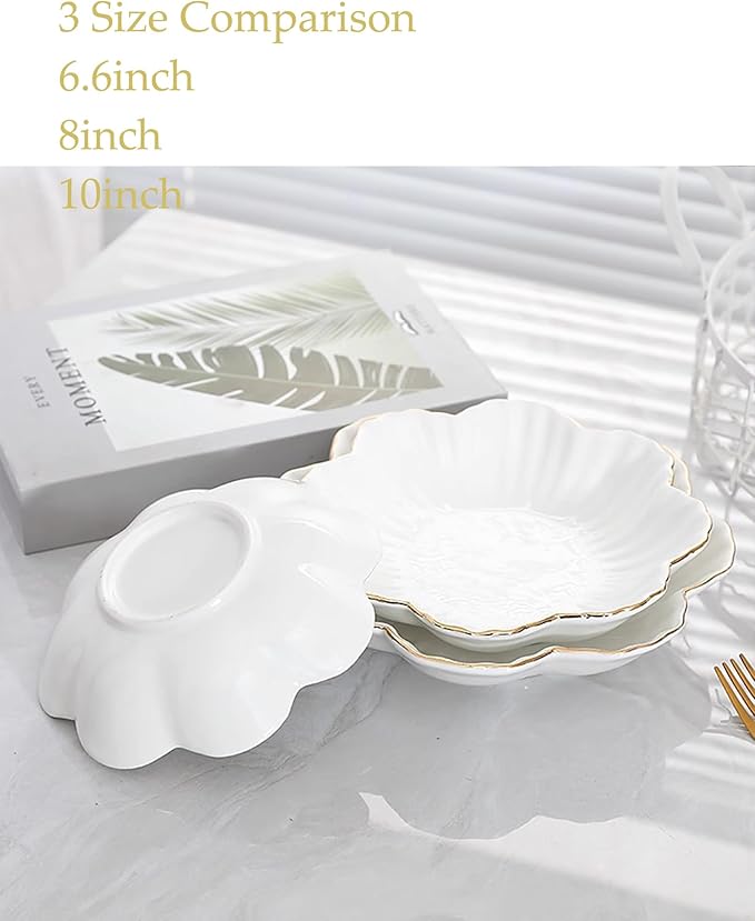 Porcelain Serving Dish,Ceramics Flower Relish Tray with Metallic Rim,Serving Bowls for Wedding,Party Perfect for Small Cereal, Pasta, Salad, Candy and Snacks White 9 inch