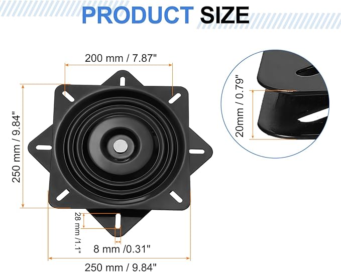 uxcell 10" Bar Stool Swivel Replacement, 360° Rotation Lazy Susan Turntable, Square Semi-Ball Bearing Seat Swivel Base Mount Plate for Recliner Chair or Table, Black (250x2mm)