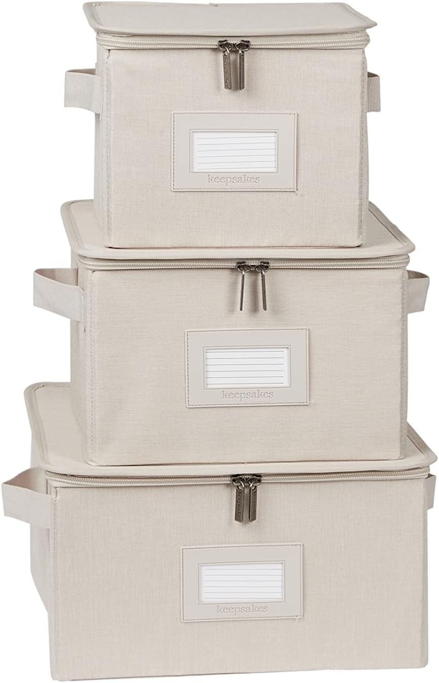 Covermates Keepsakes Dish Storage Box - Stackable, Reinforced Handles, China Storage, Beige Heather