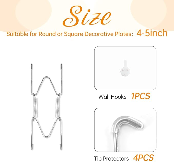 Plate Hangers for The Wall, Suitable for 4-5 inch Decorative Plate, Stainless Steel Wire Plate Holder with Wall Hooks and Rubber tip Protectors, Plate Hangers for Displaying Plates, Platter, Silver