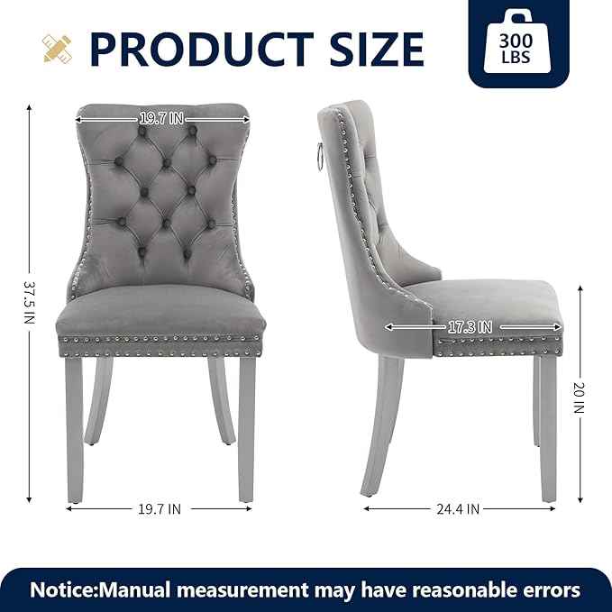 Velvet Dining Chairs Set of 2, Kitchen & Dining Room Chairs, Upholstered Dining Chairs with Back Ring Pull and Silver Solid Wood Legs, Modern Tufted Kitchen Chairs for Dining Room, Light Grey