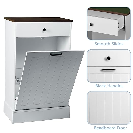 10 Gallon Tilt Out Trash Cabinet –Hidden Wooden Garbage Recycling Cabinet,Pet Proof Trash Can Holder with Storage for Kitchen Bathroom Living Room White