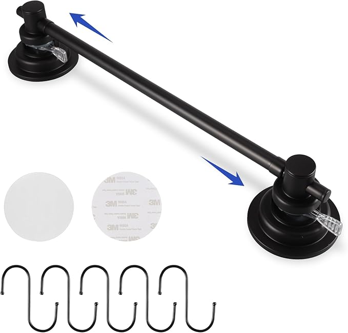 SLIIMU Suction Cup Towel Bar for Shower with 5 Hooks, 17-28 Inch Adjustable Long Bathroom Wall Washcloth Rack,Extendable Glass Shower Door Suction Rag Holder,Towel Rod for Bath Kitchen (Black)