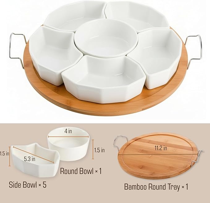 ZENFUN Chip and Dip Serving Set, 11'' Divided Serving Platters Tray for Party, 6-Compartment Removable Appetizer Snack Dishes, Round Sectional Serving Platter for Fruits, Condiment