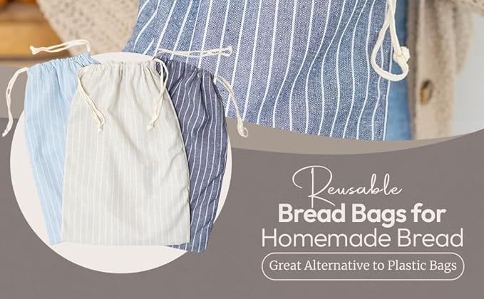 Reusable Bread Bags with Drawstring | XL Pack of 3 | Eco-Friendly Washable Linen Bread Bag & Spacious Sourdough Bread Storage | Bread Bags Reusable Keeps Your Loaf Fresh | Strips Design