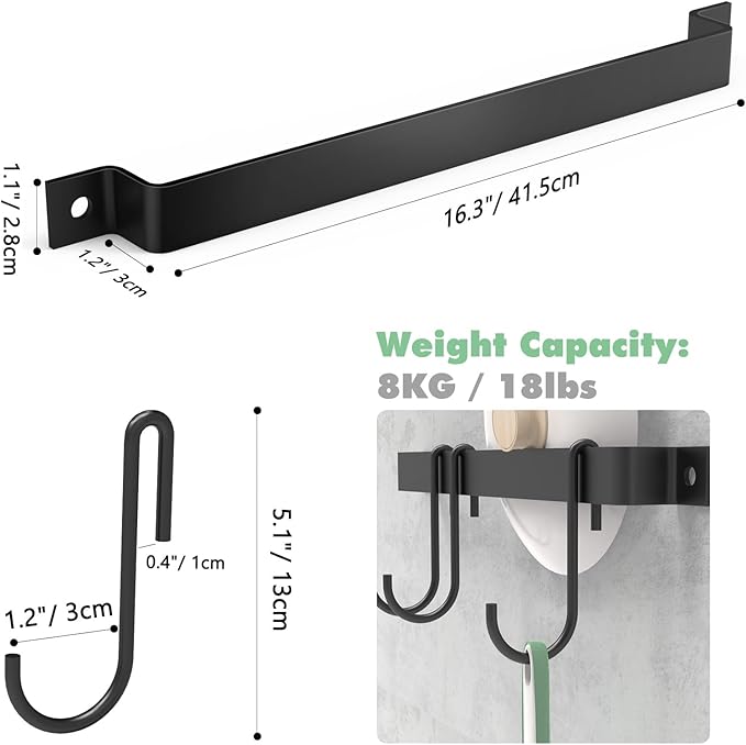 Housolution 2 Pack Kitchen Rail with 15 Hooks, 16 Inch Wall Mounted Hanging Utensil Rack Hanger for Kitchen