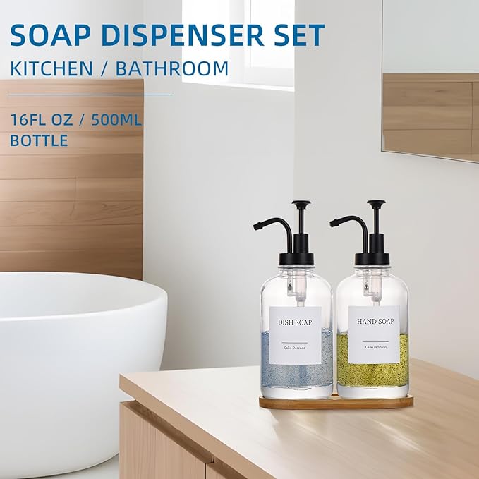 Glass Soap Dispenser with Pump, Dish and Hand Soap Dispenser for Kitchen Bathroom Set, Clear Glass Dispenser Set of 2 Pack with 18 Stickers Funnel Bamboo Tray 500ml 18oz / Each Bottle Sliver Pump