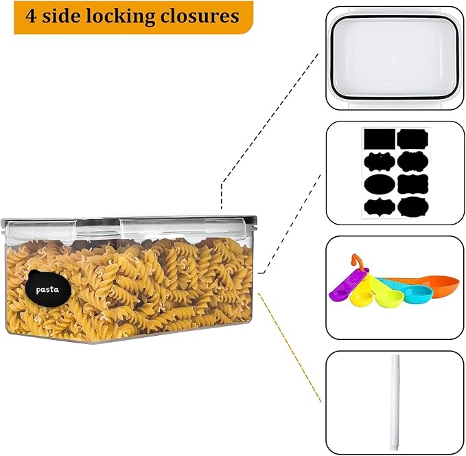 8PCS 3.2L/108 OZ Airtight Food Storage Containers with Lids, Plastic Spaghetti Canisters for Pasta organizer, BPA Free Air Tight Kitchen Pantry Organization