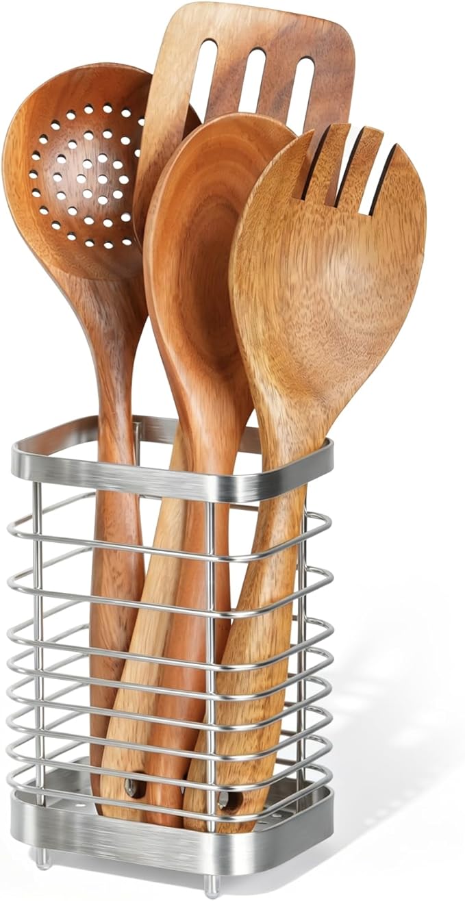 Utensil Holder, Stainless Steel Utensil Drying Rack for Kitchen Counter, Silverware Cutlery Flatware Holder Forks, Knives, Spoons, Chopsticks Organizer (Silver)
