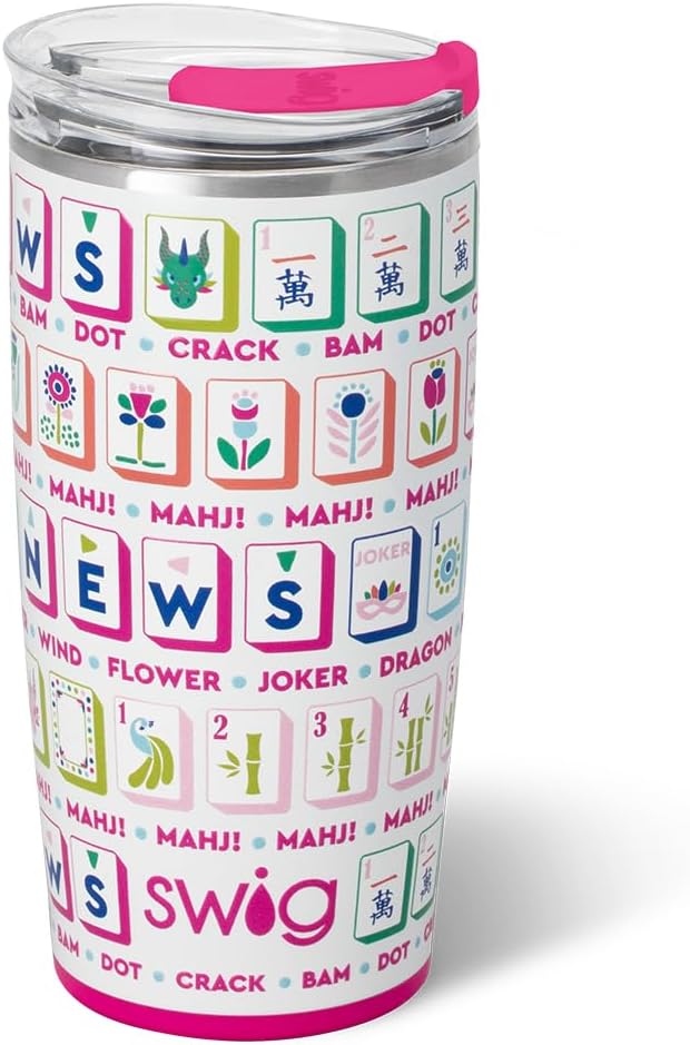 Swig Life 22oz Insulated Tumbler, Travel Coffee Tumbler with Lid, Cup Holder Friendly Travel Coffee Mug, Stainless Steel, 22 oz Tumblers, Reusable Insulated Mug with Lid (Mahjong)
