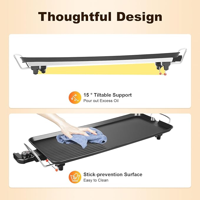 26" Large Electric griddle 1500W Teppanyaki Table Top Grill Griddle with Nonstick Surfaces & Adjustable 5 Temperature Setting for Indoor/Outdoor Use