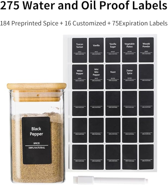 12Pcs 9oz Spice Jars Glass Container with 275 Labels, Airtight Seasoning Empty Organizer with Bamboo Lid Set for Food Storage, Salt, Sugar